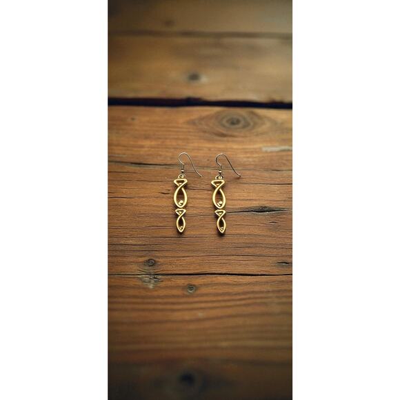 Gold Tone Infinity Design Dangle Drop Earrings Lightweight Jewelry - Picture 6 of 7